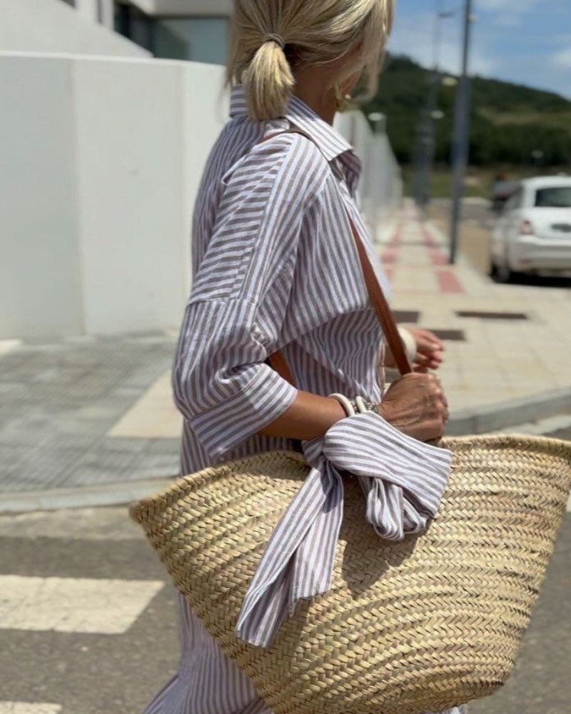 Colen - Classic Stripped Lace Shirt Dress